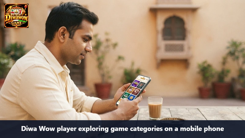 Diwa Wow player exploring game categories on a mobile phone